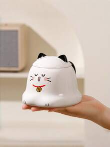 1个400毫升创意简约陶瓷下午茶杯，可爱卡通猫咪图案，带盖，可用洗碗机和微波炉加热，可定制生日礼物 - 彩色 - 查看 5
