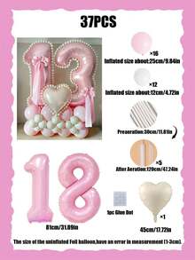 37件套粉色数字柱形气球套装，包含32英寸（81.28厘米）粉色数字铝箔气球、马卡龙粉色和白色乳胶气球，适用于周年纪念、生日装饰、新娘、婚礼装饰、毕业典礼装饰、节日装饰、派对用品 - 粉紅色數字白色球套裝 - 查看 6