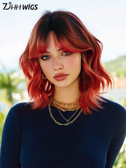 7JHH WIGS Short Wavy Ombre Red Wigs For Women 14 Inch Shoulder Length Bob Curly Wavy Middle Part Wigs With Dark Roots, Natural Synthetic Heat-Resistant Fiber Hair For Daily Cosplay Party Use
