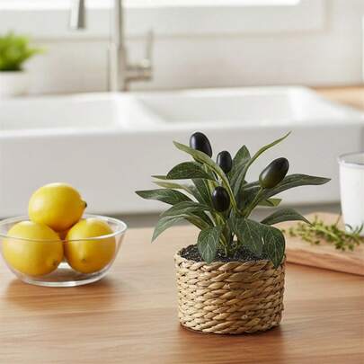 5.9Inch Artificial Olive Tree With Straw Pot Small Faux Potted Plant With Lifelike Fruits And Leaves For Home Office Shelf Table Decor