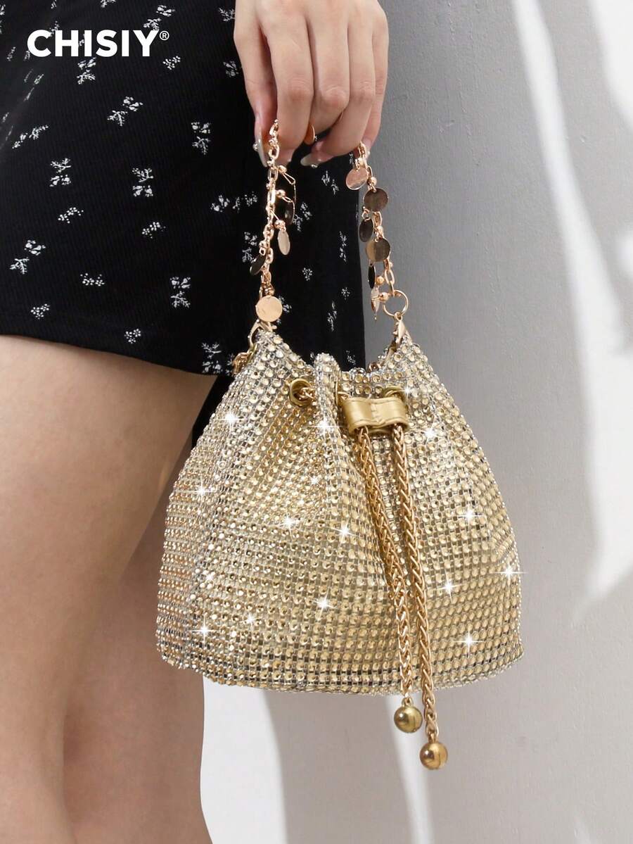 CHISIY 原创手工优雅水钻装饰奢华金色、银色、玫瑰红PVC和布料时尚水桶包，多功能大容量女士工作、购物、旅行、派对手提包，新年和情人节礼物，适合办公室、购物、度假、晚宴、婚礼、秋冬季等场合。 - 金色 - 查看 1