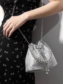 CHISIY Original Handmade Elegant Rhinestone Embellished Bucket Bag, Luxurious Gold, Silver, Rose Red PVC & Fabric, Fashionable, Spacious, Versatile Tote Bag, Suitable For Work, Shopping, Travel, Party, Wedding, Autumn/Winter, Great Gift For New Year, Valentine's Day - Bạc - Xem 5