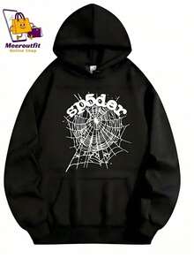 Black Hoodie |     Spider Web Graphic, 2000s Streetwear  Thickened Hooded Pullover With Pockets - màu đen - Xem 7