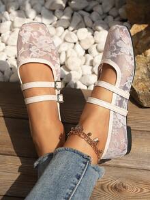 新款夏季蕾丝网面女士平底鞋，镂空透气时尚玛丽珍芭蕾舞鞋，细带搭扣，休闲百搭柔软优雅夏季网面鞋 - 卡其色 - 查看 3