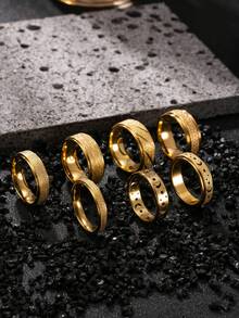 7pcs 18K Gold Plated Stainless Steel Ring Set, Matte Finish, Hollow Starry Sky Pattern Rings, Elegant Men's Rings, Suitable For Wedding, Gift For Boyfriend, Girlfriend, Classmates - Gold - View 5