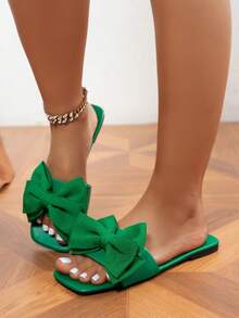 Sandalias planas para mujer, versátiles, con lazo negro, casuales, de punta abierta, nuevas para el verano 2025, zapatos de playa y ocio para uso al aire libre - Verde - Ver 4
