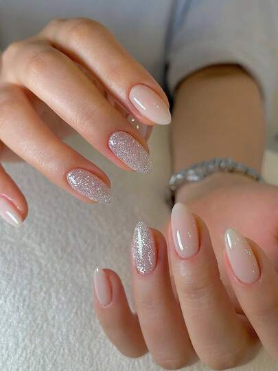 24 Piece Size Pressed Nails Oval /Minimally Designed Light Pink Nude Skin With Glitter Full Coverage Nail Art Patches/Comes With Jelly Glue And Rubbing Strips Suitable For Aggregation, Reusable For Daily Use Using Can Enhance Your Temperament