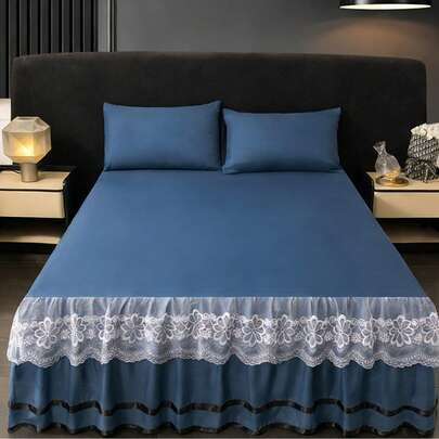 1pc Soft Lace Ruffled Bed Skirt, Solid Color Elastic Bed Skirt, Comfortable Bed Cover, Lace Elastic Bed Skirt, Selected Skin-Friendly Brushed Fabric, Four-Corner Tie Design Easily Fixes Mattress And Prevents Displacement, Princess Lace Style Bed Skirt Suitable For Home, Hotel Bedroom, Can Replace Lace Decorative Elastic Bed Sheet, Easy To Fit Dust Ruffle