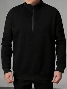 1件男士轻薄半拉链领纯色卫衣 - 黑色 - 查看 3