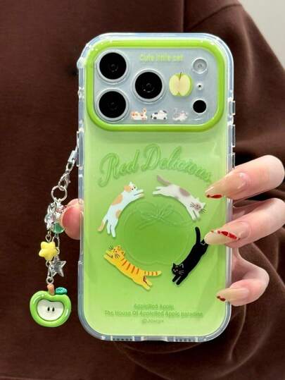 Funda protectora de teléfono dura con diseño de gato de manzana verde de dibujos animados linda para iPhone 17 Pro Max, 17 Pro, 15 Pro, 16, 15 Pro Max, 17, 15, 16, estilo creativo y lindo de verano y primavera a prueba de golpes, adecuada para niñas