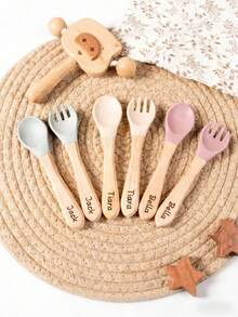 Personalized Wooden And Silicone Cutlery For Babies - Birth Gift Ideas - Professional Laser Engraving First Name Patterns - Multicolor - View 3