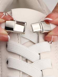 2pcs No-Tie Shoelaces With Buckle, White Polyester Unisex Accessories For Shoes For Women Men Sneakers Shoes, Casual Shoes,White Shoes,Basketball Shoes,Trainers Running Shoes Summer, Shoes Accessories Gifts Ideas - 白色 - 查看 1