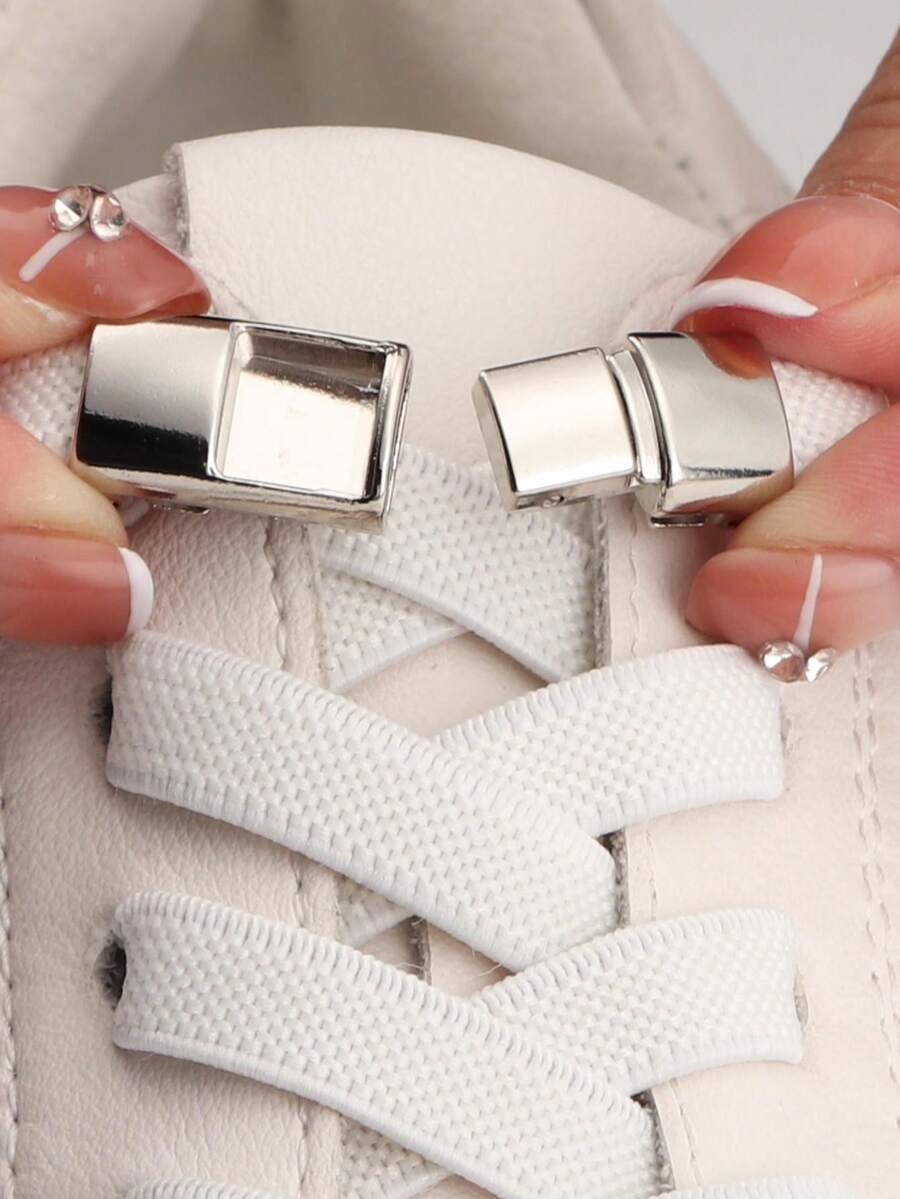 2pcs No-Tie Shoelaces With Buckle, White Polyester Unisex Accessories For Shoes For Women Men Sneakers Shoes, Casual Shoes,White Shoes,Basketball Shoes,Trainers Running Shoes Summer, Shoes Accessories Gifts Ideas - 白色 - 查看 1