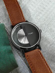 TOMI Fashionable Minimalist Smartwatch For Teenagers, Technology Personalized Hollow See-Through Half-Face Leather Strap Watch - Brown - View 3
