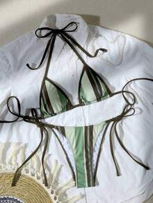 Two-Piece New Striped Print Tie-Up Bikini Swimsuit Set Women - JY1001-GR - Xem 3