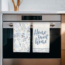 MEMNUN 2条水彩蓝橙叶“家，甜蜜的家”印花厨房毛巾，可作餐巾、手巾、抹布，尺寸为15.75*23.62英寸（40*60厘米），超柔软吸水超细纤维材质，现代厨房配件，可机洗，适用于餐厅、厨房、浴室，日常装饰和礼品，四季皆宜。 - 彩色 - 查看 5