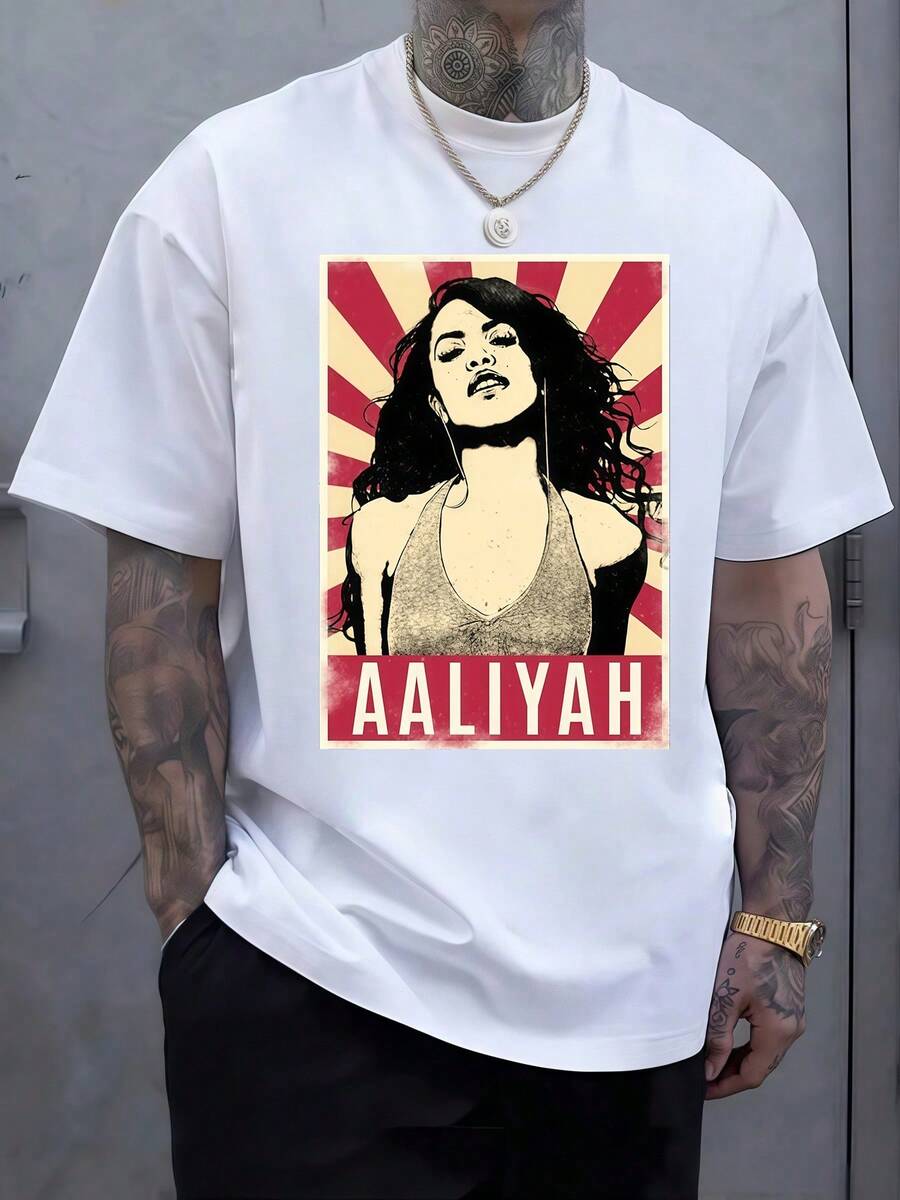 Retrato artístico de una mujer con cabello ondulado frente a un fondo de rayos rojos y crema que simboliza energía fuerza interior y confianza ideal para expresar actitud moderna urbana y espíritu libre camiseta de hombre - Blanco - Ver 1