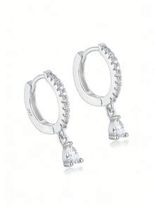 奢华双圈水滴形锆石银耳环，闪亮优雅，适合日常及派对佩戴，女士百搭之选。 - 銀色 - 查看 7