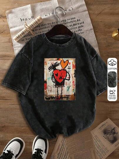 قميص تي شيرت قطن مريح للنساء ذوات الحجم الكبير، طباعة غرافيتي صيفية عادية، طراز Y2K الرجعي الأساسي، مناسب للأوقات الحرة والخارجية، بياقة دائرية فضفاضة بأكمام قصيرة سوداء مغسولة