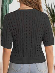 Elegant Women Knit Sweater, Solid Color Hollow Knitwear, Ribbed Button Cardigan, Suitable For All Seasons, Daily Wear Black Summer - Black - View 2