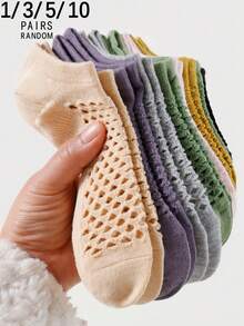 1/3/5/10 Pairs Random Women Breathable Hollow Shallow Mouth Invisible Boat Socks, Spring/Summer - Multicolor - View 2