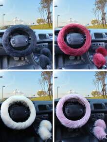 1pc New Faux Wool Plush Steering Wheel Cover, Handbrake & Gear Shift Sleeve Set For Car - Multicolor - View 12