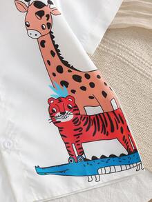 Camisa de manga corta casual y linda con estampado de animales del parque de dibujos animados para niños - Parte superior cómoda de verano para niño, adecuada para viajes, fiestas y uso diario - Blanco - Ver 6