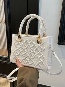 1 chiếc túi xách nữ màu trơn, đường may dập nổi, họa tiết đá thời trang, túi đeo vai, khóa kéo. Túi tote thanh lịch dành cho nữ, túi thường ngày có thể đựng ví, mỹ phẩm, điện thoại, tiền xu. Thích hợp cho mùa hè đi biển, mua sắm, chụp ảnh. Cũng là một món quà tuyệt vời dành cho bạn gái hoặc mẹ. - trắng - Xem 1