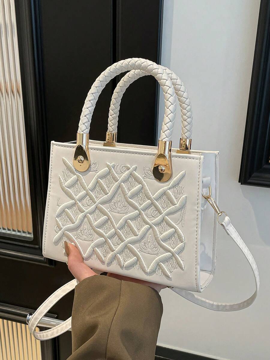 1 chiếc túi xách nữ màu trơn, đường may dập nổi, họa tiết đá thời trang, túi đeo vai, khóa kéo. Túi tote thanh lịch dành cho nữ, túi thường ngày có thể đựng ví, mỹ phẩm, điện thoại, tiền xu. Thích hợp cho mùa hè đi biển, mua sắm, chụp ảnh. Cũng là một món quà tuyệt vời dành cho bạn gái hoặc mẹ. - trắng - Xem 1