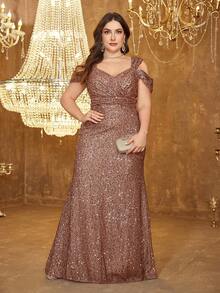 UNITHORSE 吊带V领露背褶皱腰部亮片优雅长款晚礼服 - 咖啡棕 - 查看 1