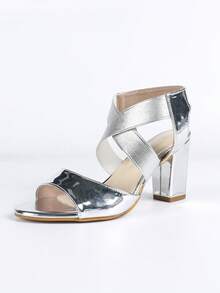 Sandalias de tacón grueso de punta abierta versátiles para mujer - Plateado - Ver 7