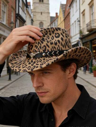 1pc Leopard Print Western Cowboy Hat With Detachable Silver Bull Head Decor, Made Of Felt Material, Printed Design, Suitable For Daily Wear And Cowboy Competitions