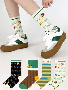 4双装春秋新款可爱卡通鸭子图案透气吸湿条纹中筒袜（女款） - 彩色 - 查看 12