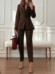 2pcs/Set Elegant Basic Slim Fit Blazer Jacket + Ankle-Length Pants, Suitable For Business, Commute And Daily Wear - màu nâu - Xem 11