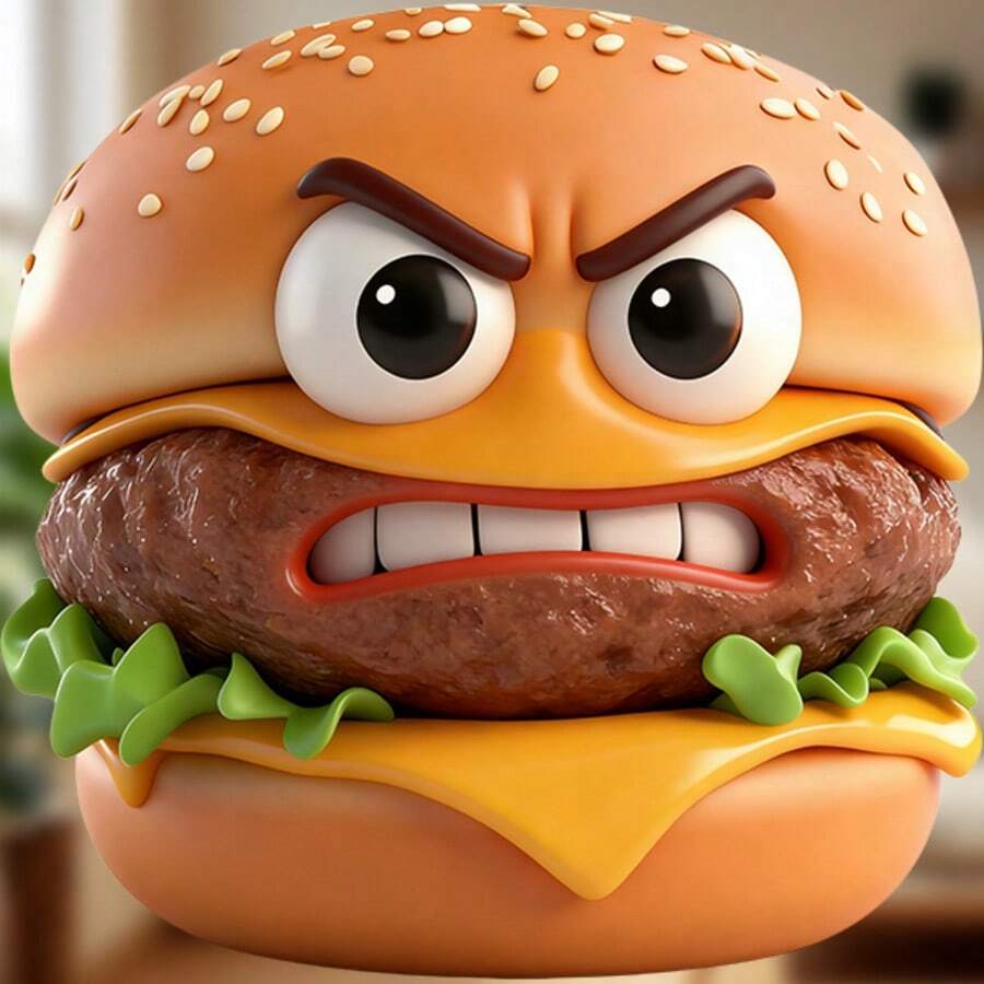 Hungry Mode: Maximize - Angry Cheeseburger Buddy, With Cheese Grill Smile And Fierce Eyes, The Ultimate Mood Food When You're Angry But Also Need A Burger, Suitable For Placing In The Kitchen - I - View 1