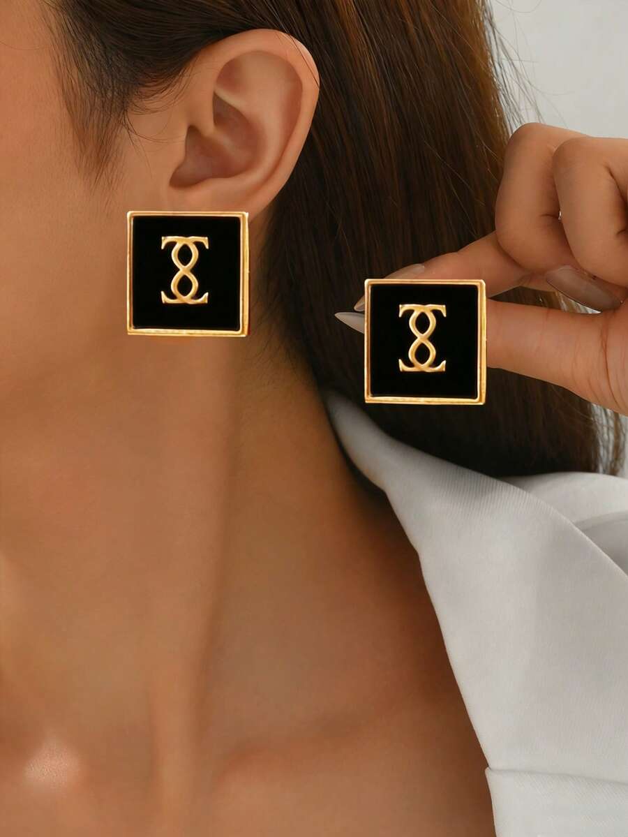 一对黑色水滴墨水字母耳钉，简约金色几何方形无限符号耳环，精致日常、派对、节日珠宝礼物 - 黑色 - 查看 1
