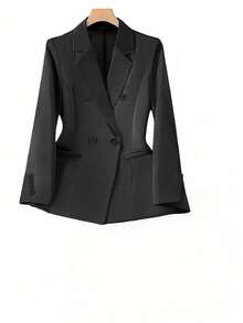 Plus Size Solid Color Double-Breasted Lapel Minimalist Design Blazer Black Spring - Black - View 1