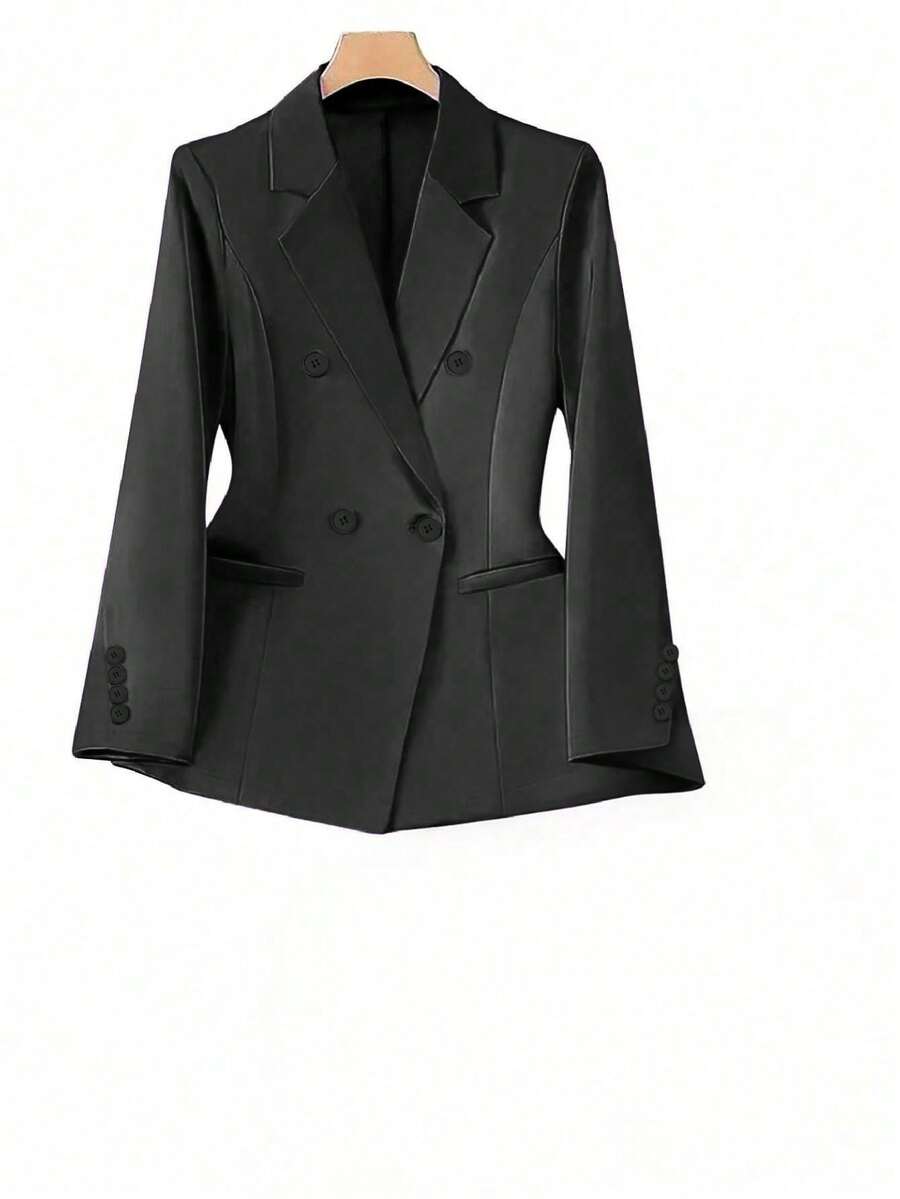 Plus Size Solid Color Double-Breasted Lapel Minimalist Design Blazer Black Spring - Black - View 1