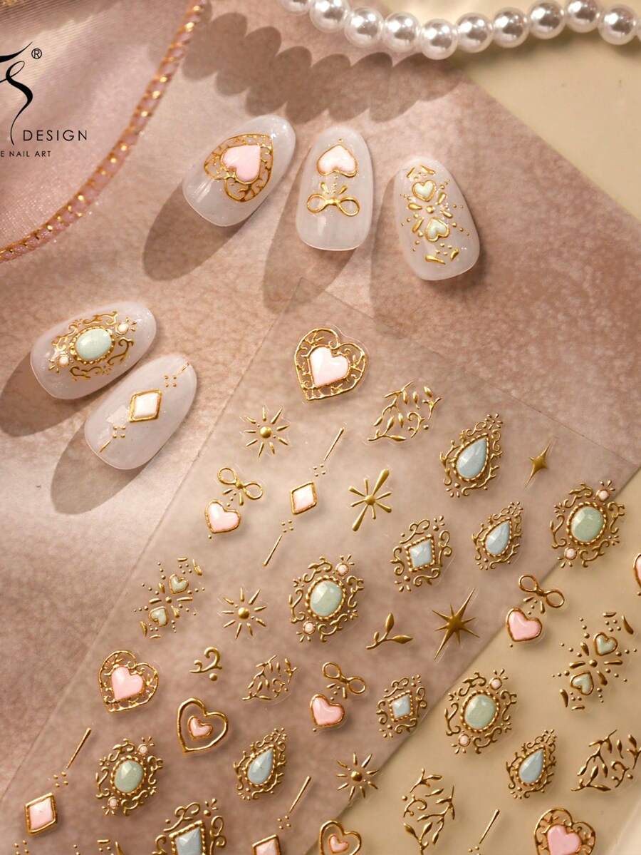 1片优雅高贵5D美甲贴纸 复古闪亮仿宝石美甲贴纸 宫廷风爱心星自粘美甲贴纸 - 彩色 - 查看 1