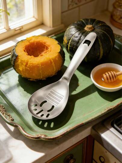 终极四合一厨房小工具 - 不锈钢土豆泥压碎勺，带姜蒜研磨器、蛋黄分离器和滤油器，满足您制作完美土豆泥、蘸酱和烘焙的需求