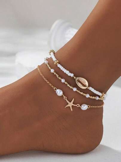 3pcs/Set Summer Beach Style Metal Starfish & Shell Beaded Anklet Set For Women
