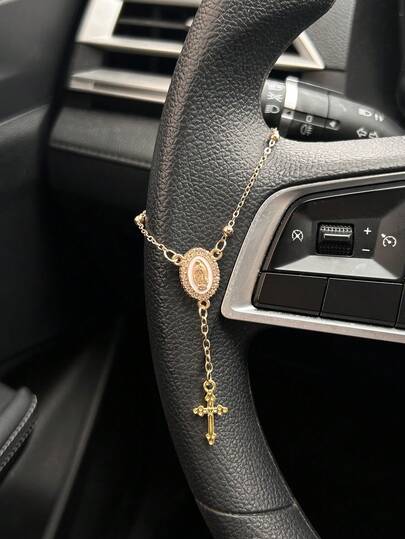 Cross Steering Wheel Chain, Rhinestone Studded Virgin Mary Cross Car Interior Decor, Vintage Accessories For Women
