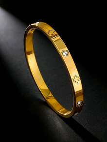 1件/3件装极简不锈钢链手链/四叶花水钻设计金色手镯，男士奢华日常商务休闲叠戴配饰，情人节专属礼物 - 金色 - 查看 7