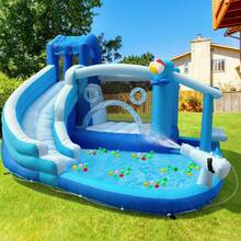 Spiral Single Slide Inflatable Water Park With Trampoline & Water Cannon, Pool Included, Dry & Wet Dual-Use, Summer Backyard Fun Toy(Blue And White ) (Oxford Material) - Multicolor - View 1
