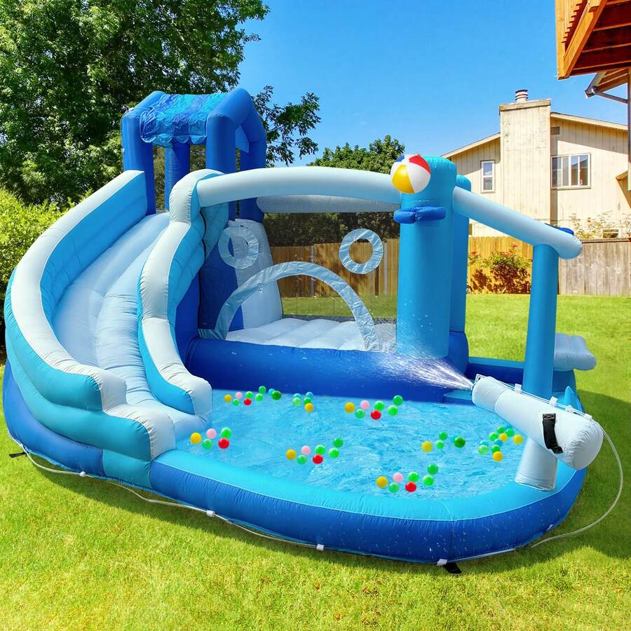 Spiral Single Slide Inflatable Water Park With Trampoline & Water Cannon, Pool Included, Dry & Wet Dual-Use, Summer Backyard Fun Toy(Blue And White ) (Oxford Material) - Multicolor - View 1
