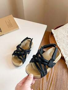 1 Pair Children's Retro Woven Flat Sandals, Non-Slip Versatile Hook And Loop Roman Kids Shoes, Comfortable Casual Girls Shoes - Black - View 7