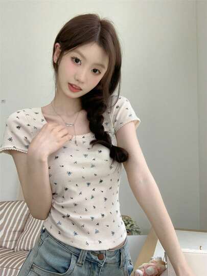 Women's Sweet Floral Ruffle Trim Square Neck Short Sleeve T-Shirt, Summer