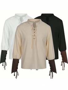Spring And Autumn New Clothing Medieval Gothic Style Men's Shirt Inner Garment Women's Long Sleeve Top Solid Color Cosplay Costume - Áo sơ mi nam xếp ly, màu trắng - Xem 4