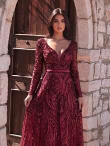 Faeriesty 女士正式晚礼服，深V领设计，薄纱长袖，后背系带，优雅A字廓形，亮片装饰修身红毯礼服，适合音乐节、盛大晚宴、周年纪念、红毯活动、新年派对、婚礼、度假等场合。春季穿着。 - 酒紅色 - 查看 7