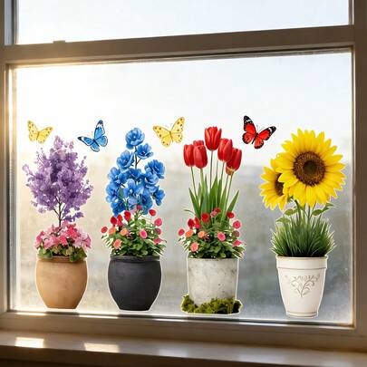 1/3片花卉盆栽窗贴，可重复使用PVC静电吸附，蝴蝶元素，适用于花店橱窗、客厅、卧室、家居玻璃装饰。